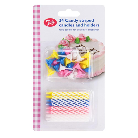 Tala pack of 24 Candy Striped Candles and 24 Holders