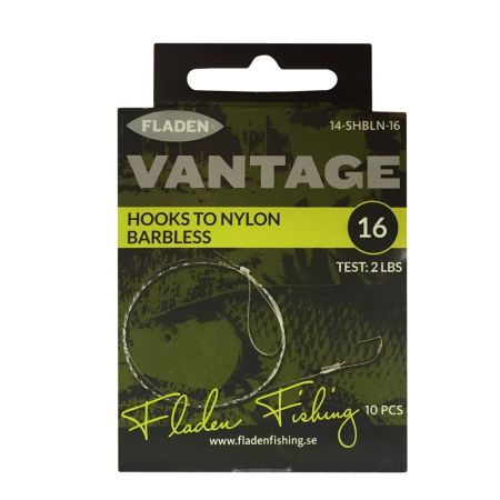 Fladen 10 Pack Vantage Match/Coarse Barbless Snelled Hooks To Mono - Size 16 