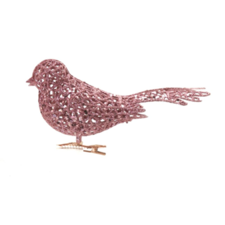 17cm Glittered Clip On Bird - Soft Pink