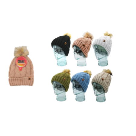 Ladies 1pk HM Cable Knit Natural Pom Pom Hat