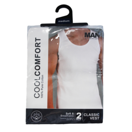 Mens Interlock White Vest (2 Pack)