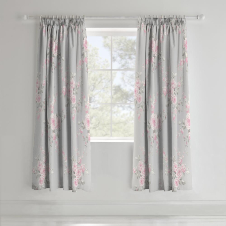Catherine Lansfield Canterbury Floral - Lined Pencil Pleat Curtains - Grey - 66 x 72 Inch