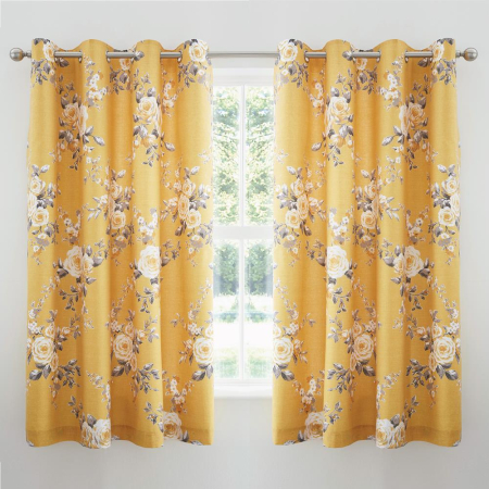 Catherine Lansfield Canterbury Floral - Lined Eyelet Curtains - Ochre Yellow - 66 x 72 Inch