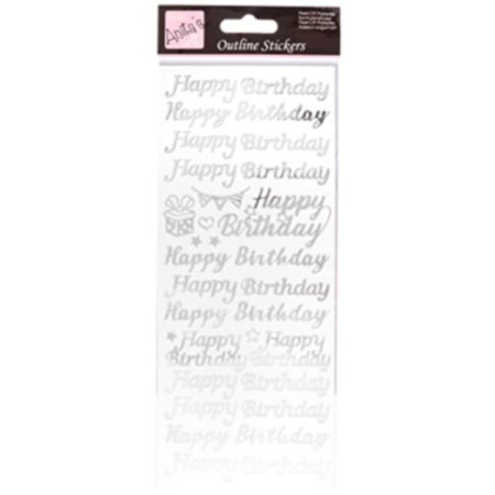  Anitas Outline Stickers Happy Birthday Silver on White