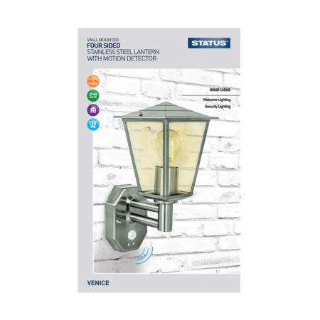 Status Venice Stainless Steel 4 Sided Lantern With PIR
