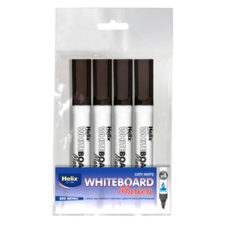Helix Dry-Wipe White Board Marker Pens - Black (4 Pack)