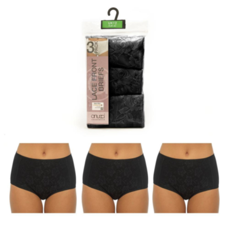 Ladies 3pk Lace Front Briefs (Black) 