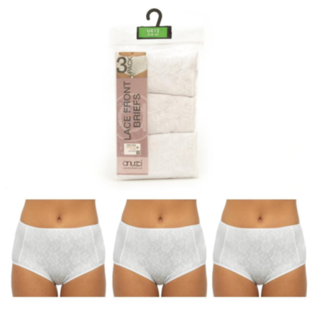 Ladies 3pk Lace Front Briefs (White) 