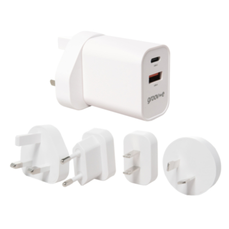 USB-C & USB-A Mains Charger 20W with Worldwide Travel Adaptors - White