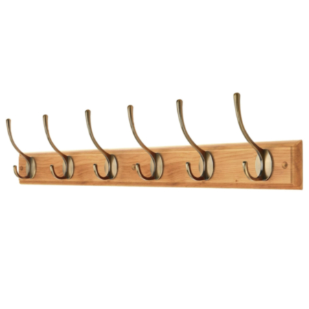 Oak and Antique Brass Hookrail - 6 Hooks