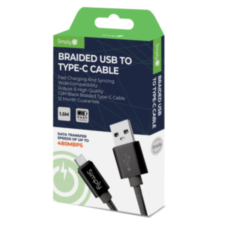 Simply Power USB to Type C Cable - 1.5m (Black)