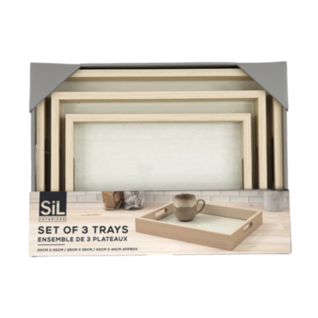 Set of 3 Cream Linen/Glass Trays