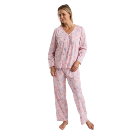 Pintuck Detail Long Sleeved Jersey Pyjama Set - Autumn Leaf Rose