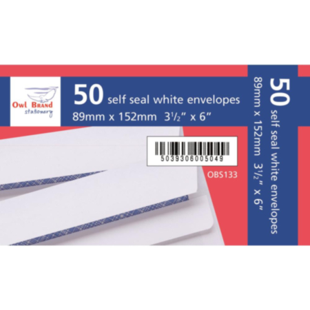 Owl Brand Stationery 89 x 152mm White Self Seal - Pack of 50