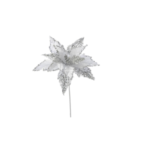 45cm White Velvet Poinsettia - Silver Glitter Stem