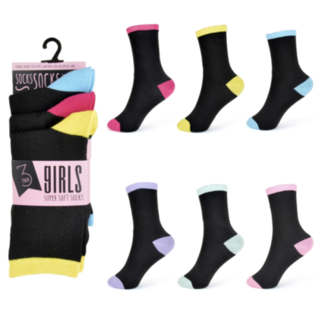 Girls 3 Pack Contrast Heel & Toe Sock Black