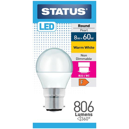 Status 60w LED Round B22 Pearl Warm White Bulb