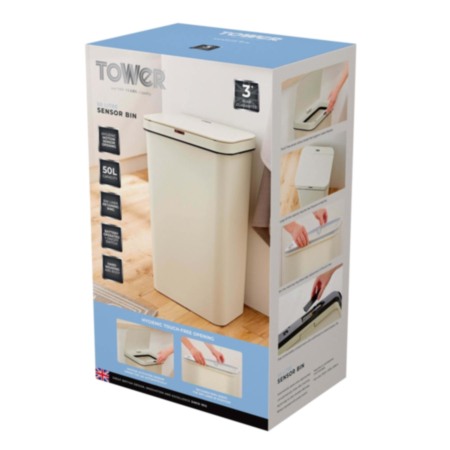 Tower 50L Rectangular Sensor Bin - Cream