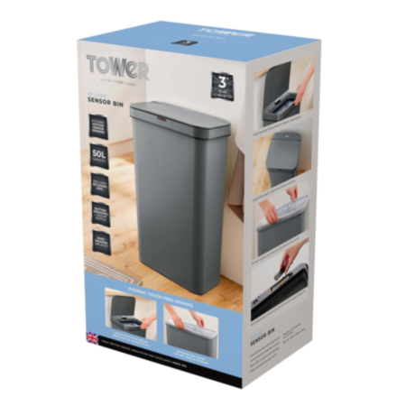 Tower 50L Rectangular Sensor Bin - Grey