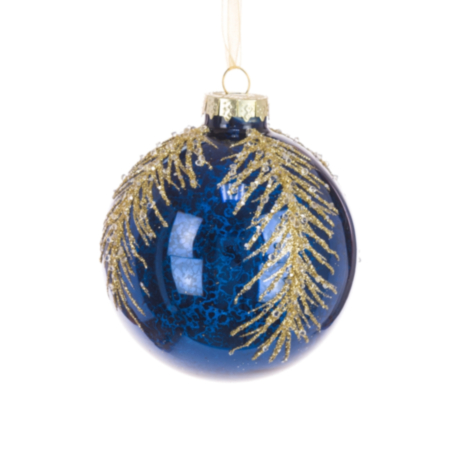 Glass Ball Bauble Decoration (8cm) - Glossy Blue / Gold Glitter Pine