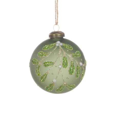 Glass Ball Bauble Decoration (8cm) - Green Glitter Mistletoe
