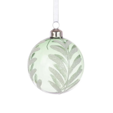Glass Ball Bauble Decoration (8cm) - Clear Green / Silver Leaves