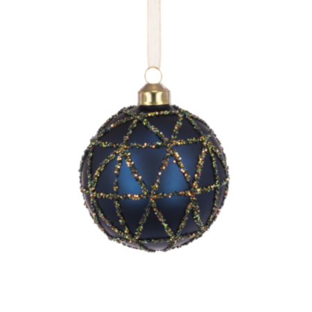 Glass Ball Bauble Decoration (8cm) - Matt Blue / Multicolour Glitter