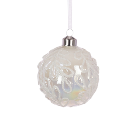 Glass Ball Bauble Decoration (8cm) - White / Embossed Leaves