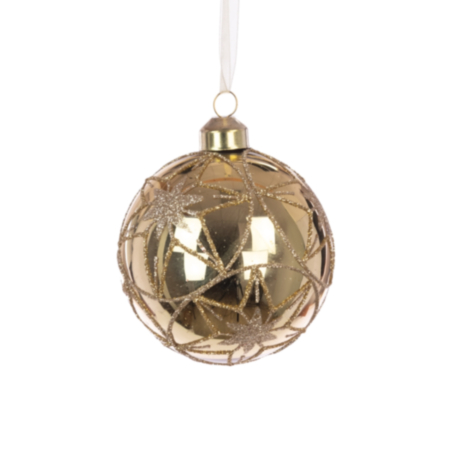 Glass Ball Bauble Decoration (8cm) - Metallic Gold / Gold Glitter Stars
