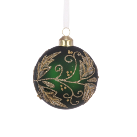 Glass Ball Bauble Decoration (8cm) - Matt Green / Gold Glitter Leaves
