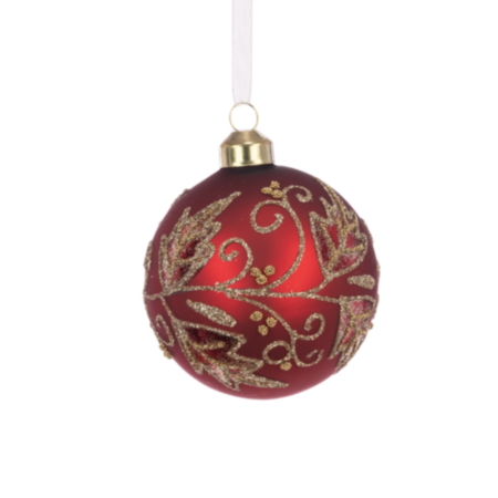 Glass Ball Bauble Decoration (8cm) - Matt Red / Gold Glitter Leaves