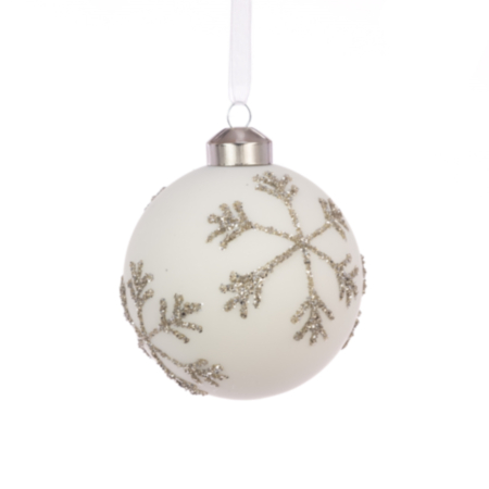 Glass Ball Bauble Decoration (8cm) - Matt White / Silver Snowflake