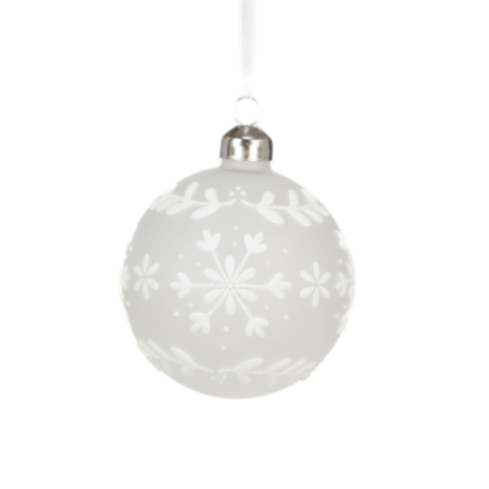 Glass Ball Bauble Decoration (8cm) - Frosted Clear / White Snowflake