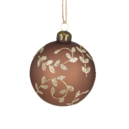 Glass Ball Bauble Decoration (8cm) - Matt Bronze / Gold Glitter Leaves