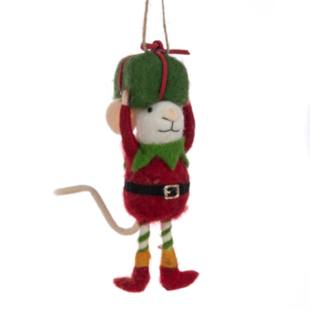 Christmas Hanging Ornament - Felt Mouse Elf with Gift