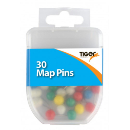 Tiger Stationery Essential 30 Map Pins Coloured